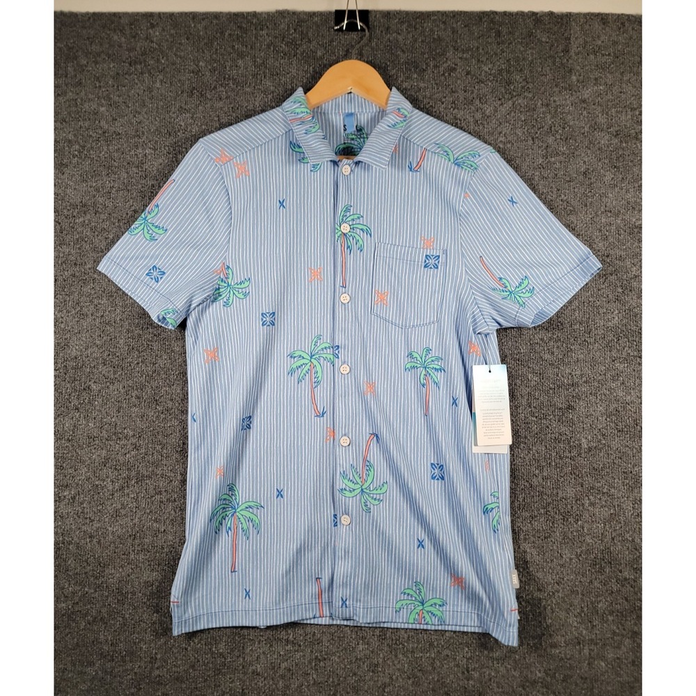 NEW Saxx DropTemp Dry Shirt Mens Small Blue Tropical Palm Stripe Button Up Soft